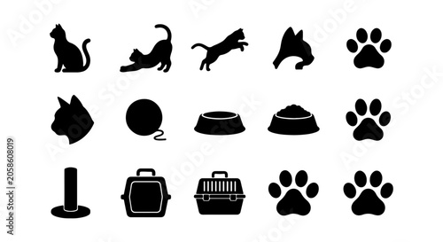 Black Cat Icons Set, Pet Care Vector Graphics, Animal Silhouette Collection for Design