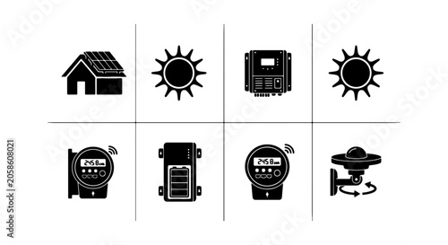 Solar Energy System Icons, Renewable Power Technology, Eco-Friendly Solutions, Clean Energy Vector Graphics