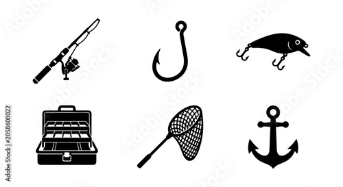 Fishing Gear Icons: Rod, Lure, Hook, Tackle Box, Net, Anchor Vector Set
