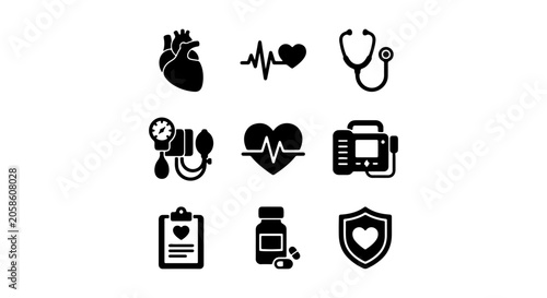 Cardiology Health Icons Set, Medical Symbols, Heart Care Vector Graphics, Healthcare Diagnostics