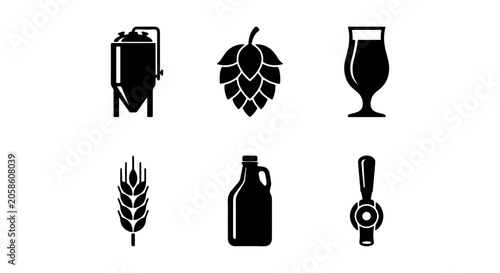 Brewery Icons Set: Fermentation Tank, Hop, Beer Glass, Wheat, Growler, Tap