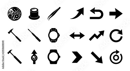 Watchmaker Tools, Arrows, and Icons: Precision Mechanics, Directional Symbols, and Timepiece Elements
