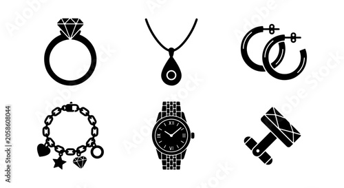 Elegant Jewelry Icons Set, Diamond Ring, Pendant Necklace, Hoop Earrings, Charm Bracelet, Watch, Cufflinks