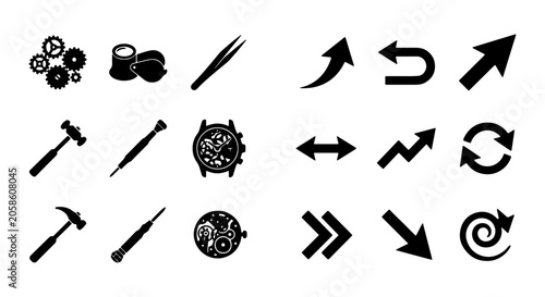 Watchmaker Tools & Gears, Timepiece Mechanics, Precision Instruments, Business Growth Arrows Vector Icons