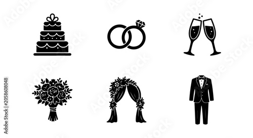 Wedding Icons Set, Celebration Symbols, Marriage Elements, Engagement Vector Graphics