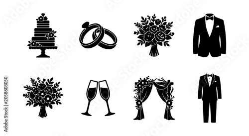Wedding Icons Set, Romantic Celebration Symbols, Bridal Event Graphics, Elegant Marriage Elements