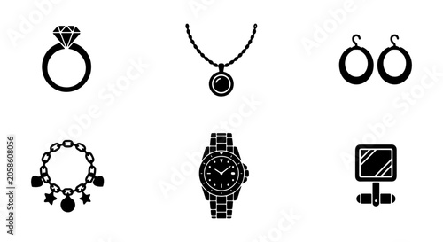 Elegant Jewelry Icons Set, Luxury Accessories Vector Graphics, Precious Gemstone and Watch Symbols