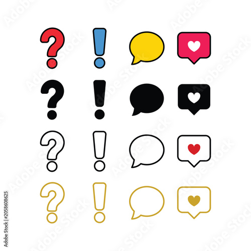 Question Mark Exclamation Mark Speech Bubble and Like Notification Bold Outline Icon Set Vector Illustration