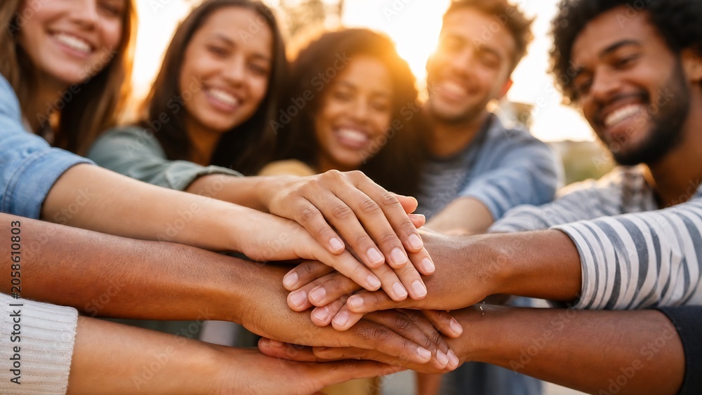 Obraz premium Young Diverse People Stacking Hands Symbolizing Unity