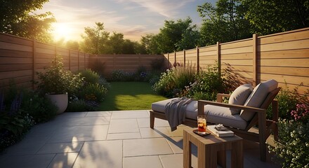 A serene backyard patio at sunset with a comfortable lounge chair, a small table, lush green lawn, and various plants bordered by a modern wooden fence.
