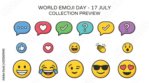 A collection of various colorful chat bubble and face emojis for World Emoji Day is displayed.