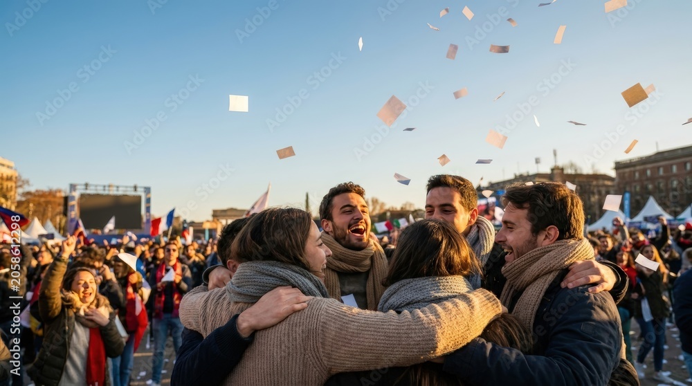 Obraz premium Friends celebrating together in outdoor fan zone after goal