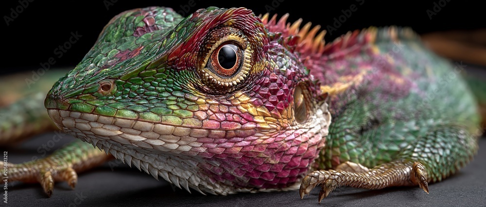 Obraz premium Vividly colored reptile with intricate scales rests against a dark background, showcasing nature's vibrant palette.