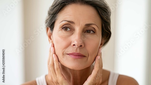 Thoughtful mature woman with soft skin and natural beauty in serene indoor setting, reflecting on life and self-care routines