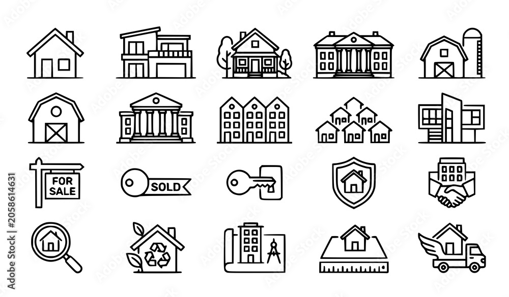 Fototapeta premium Home estate and homestead icon collection editable stroke vector illustration