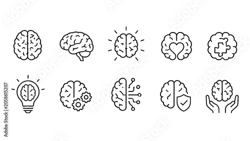 Brain and Intelligence Icons Set – Creativity, Thinking and Cognitive Function Symbols