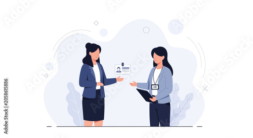 HR Professional Offering ID Badge and Tablet for Employee Onboarding or Interview Process