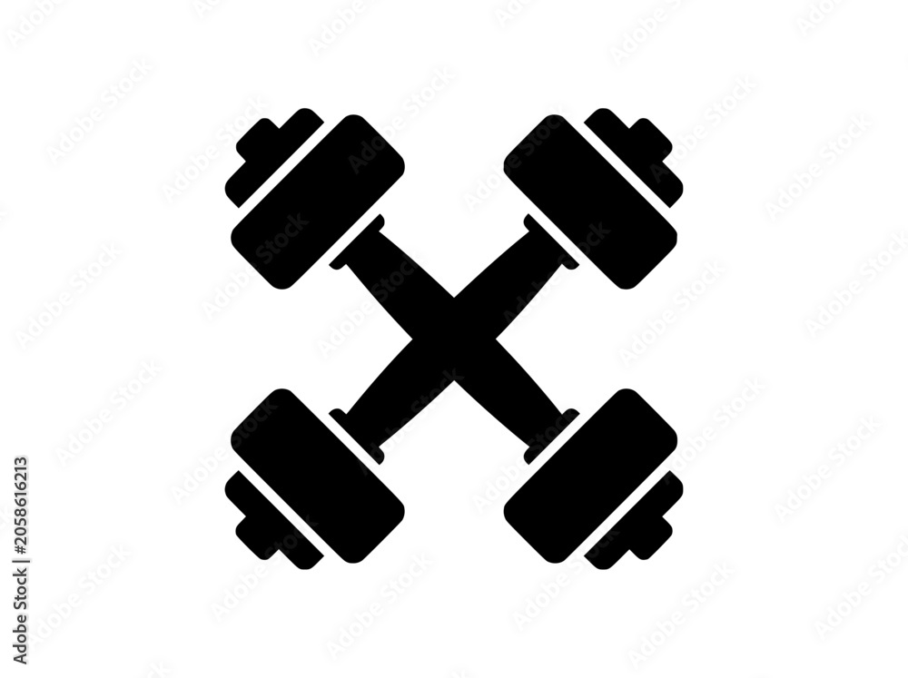 Naklejka premium Minimalist crossed dumbbells icon, black silhouette fitness equipment vector, gym and bodybuilding weightlifting logo for sports branding