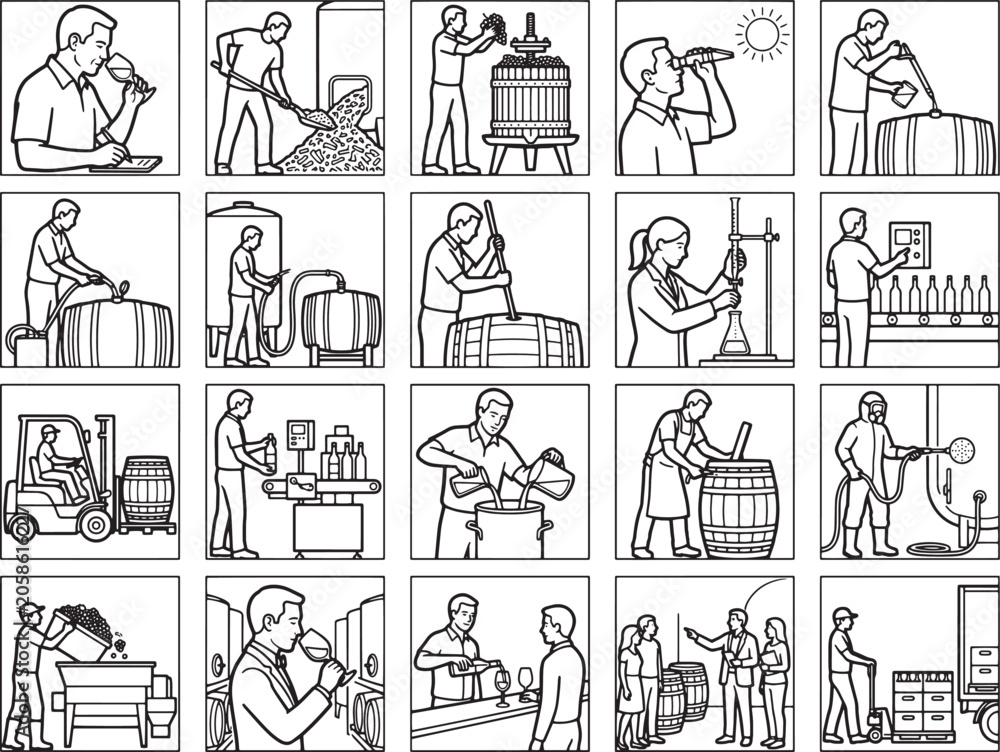 Obraz premium A multi-panel infographic illustrating the detailed process of winemaking, from grape harvesting and crushing to fermentation, aging, bottling, and quality control, all depicted in a clean.