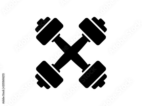 Obraz na płótnie Minimalist crossed dumbbells icon, black silhouette fitness equipment vector, gy