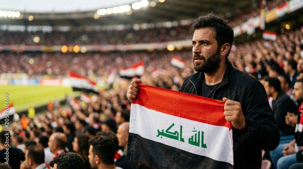 Fototapeta premium Iraqi football supporter holding national flag in crowded stadium