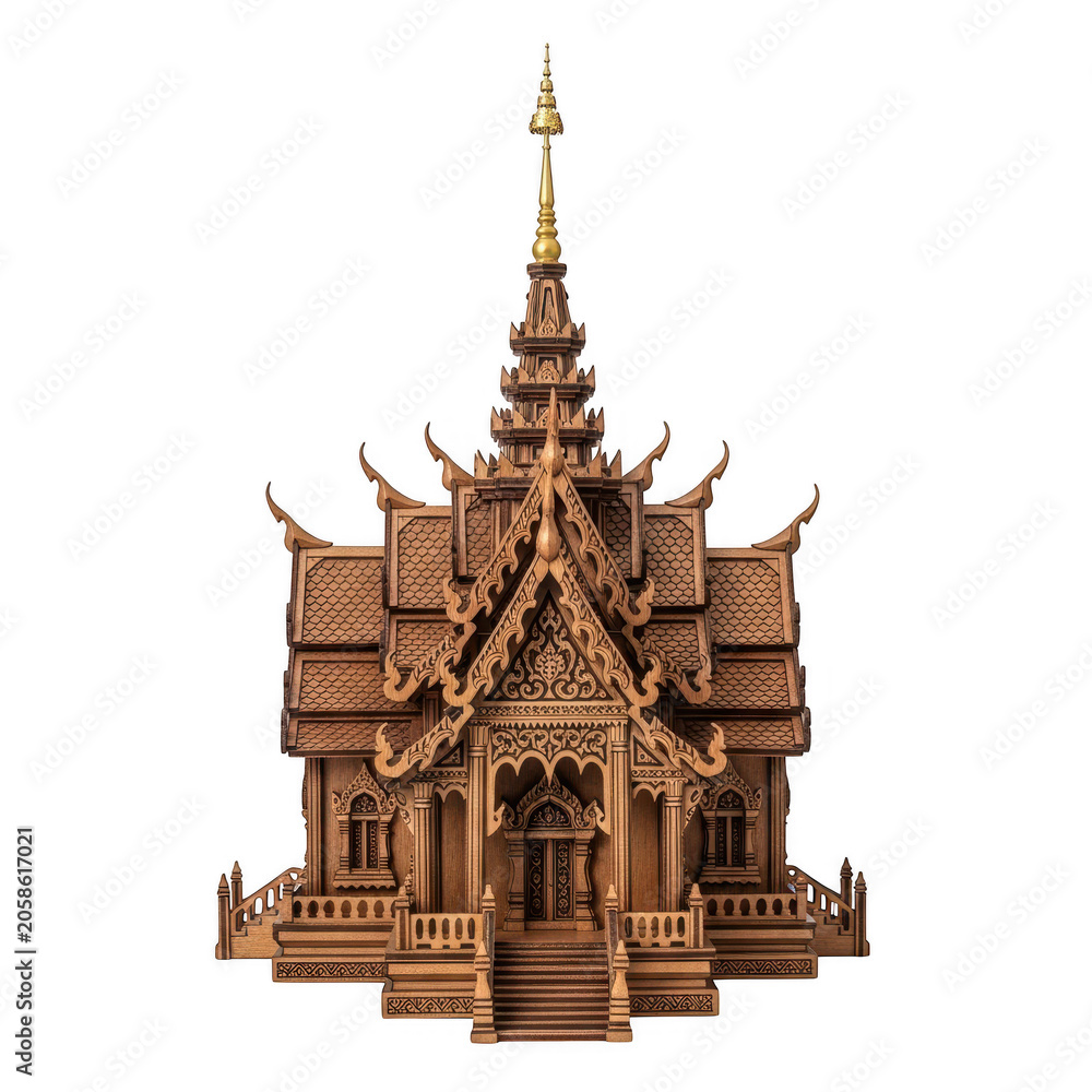 Obraz premium Traditional wooden thai temple miniature building with intricate carving details on display isolated on transparent background