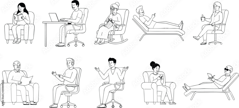Obraz premium Set of people relaxing and working in chairs, diverse characters in daily activities, line art vector illustration.