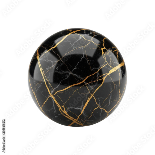 3d render of a black marble sphere with gold veins isolated on transparent background