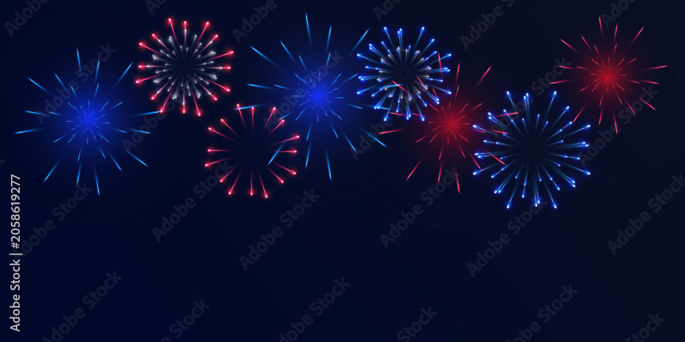 Fototapeta premium 4th of July Independence Day celebration with spectacular fireworks illuminating the night sky. Patriotic USA holiday background filled with bright colors and festive atmosphere.