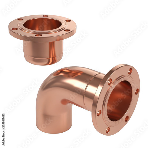 Two shiny copper plumbing pipe fittings with circular flanges for industrial water system connection isolated on transparent background