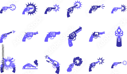 Canvas-taulu Pistol icons showing handguns firing with muzzle flash, smoke, and explosive impact effects
