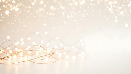 Elegant background of warm white fairy lights with soft golden bokeh and glowing sparkles, festive holiday decoration concept.