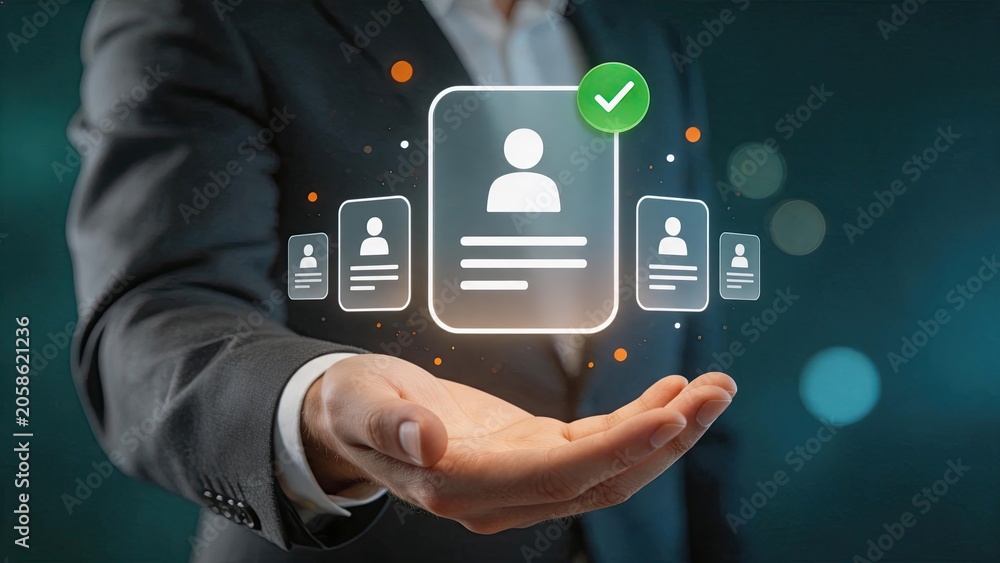 Fototapeta premium Businessman hand holding holographic digital identity card with green checkmark, symbolizing verified user profile and secure online authentication process in modern technology.