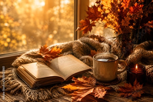 Autumn Wellness and Self Care Concept with Herbal Tea and Candles
