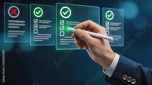 Business hand checking approval list on futuristic hologram screen, digital verification process, quality control checklist, compliance audit, task completion and success
