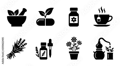 Foto Herbal Medicine Icons, Natural Remedies Set, Organic Health Symbols, Pharmacy &