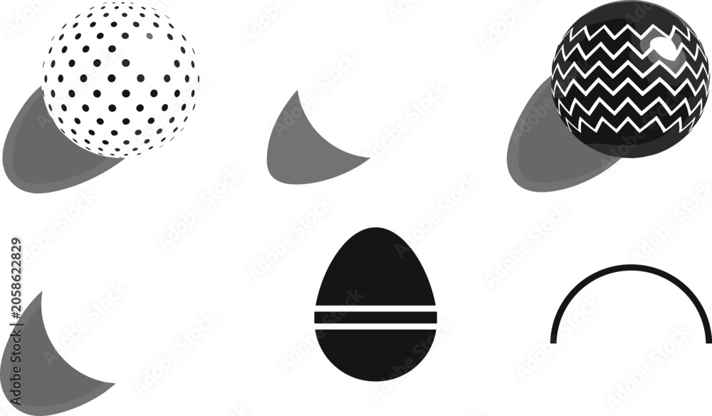 Fototapeta premium Abstract geometric composition with spheres, crescents, and egg shapes in black, white, and gray tones for modern design