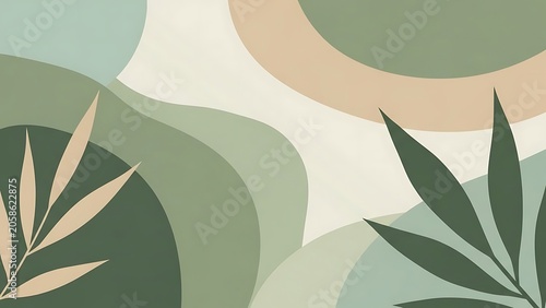 Minimalist Abstract Tropical Background with Sage Green Organic Shapes and Leaves
