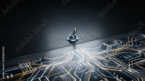 Metal toggle switch activating glowing digital circuit board patterns for technological power control