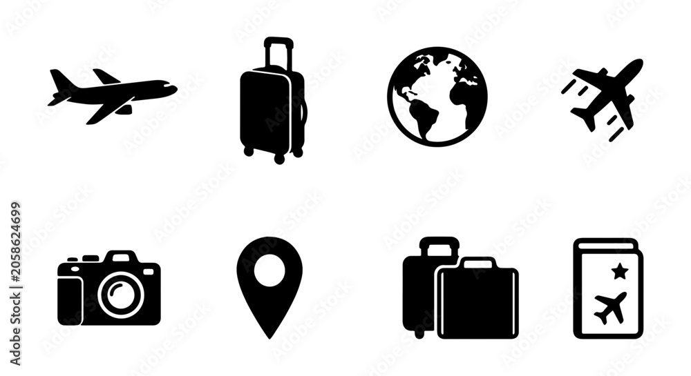 Fototapeta premium Travel Icons Set: Airplane, Luggage, Globe, Camera, Map Pin, Passport, Vector Graphics