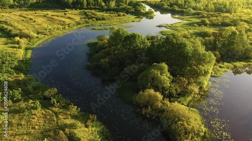 Aerial View of Winding River in Green Summer Landscape at Golden Hour.
