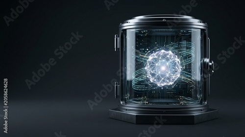 Futuristic Scientific Containment Vessel Featuring a Glowing Quantum Energy Core Floating Within a Protective Glass Laboratory Chamber