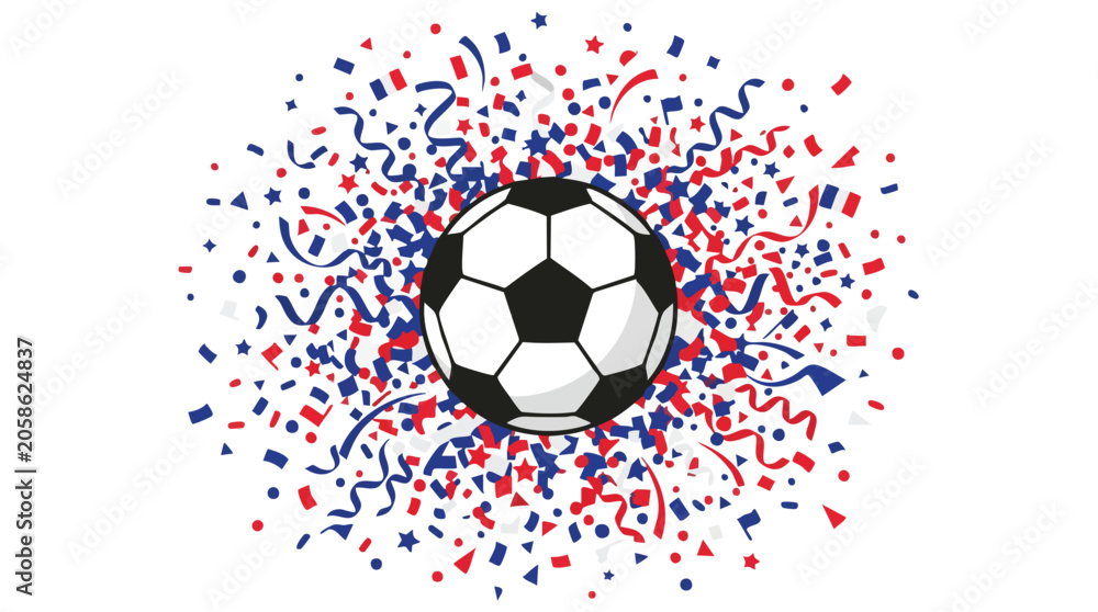 Fototapeta premium A soccer ball surrounded by red, white, and blue confetti on a white background.