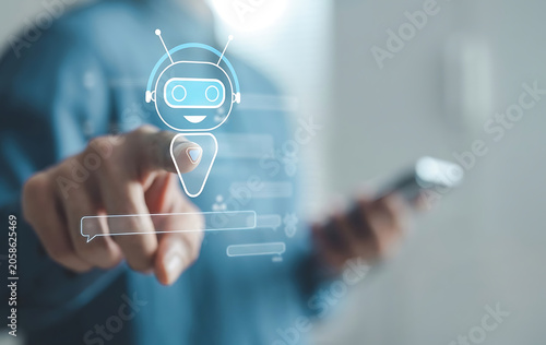 Person interacting with an advanced AI chatbot on a digital interface, symbolizing modern technological communication and customer service innovation in a futuristic context