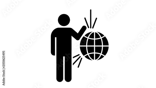 Black Icon of a Human Figure Standing Beside a Globe Representing Global Communication and International Business