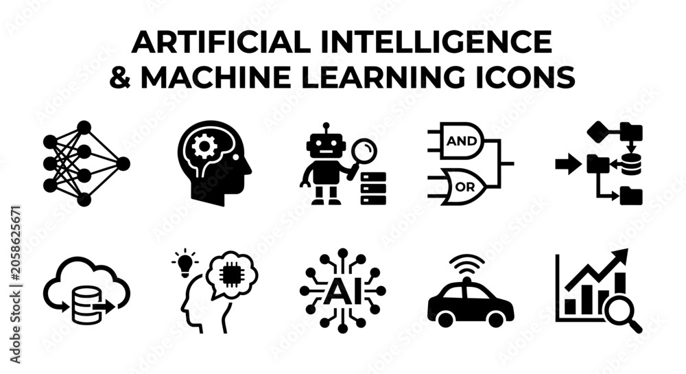 Fototapeta premium Minimalist Artificial Intelligence and Machine Learning Vector Icon Set