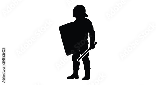 Foto Riot police officer with shield and baton black silhouette security guard enforc