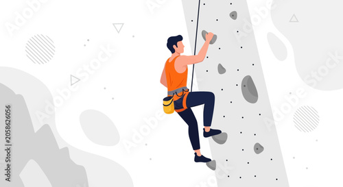 Man Climbing Indoor Rock Climbing Wall - Vector Illustration