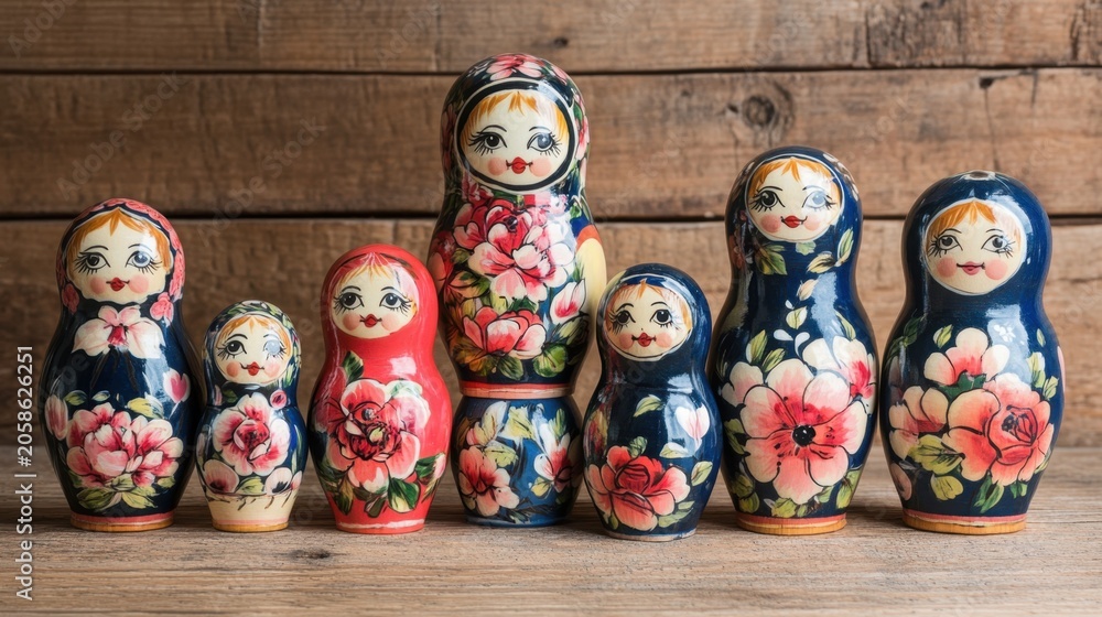 Fototapeta premium Hand-painted Wooden Matryoshka Dolls Stacked Diminishing