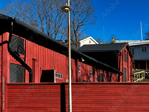 Traditional Old Red Wooden Finnish Houses in Porvoo (Borgå) Finland.